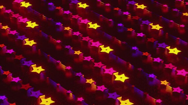 Futuristic abstract wall with glowing geometric stars. Seamless VJ loop of a rhythmic digital structure and pattern, creative motion background for electronic music festivals and stage displays.