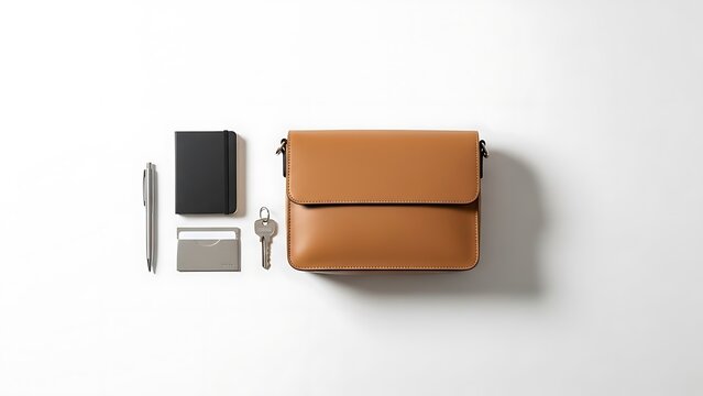 Minimalist flat lay of a tan leather crossbody bag, a black notebook, a silver pen, a card holder, and a key, isolated on white background