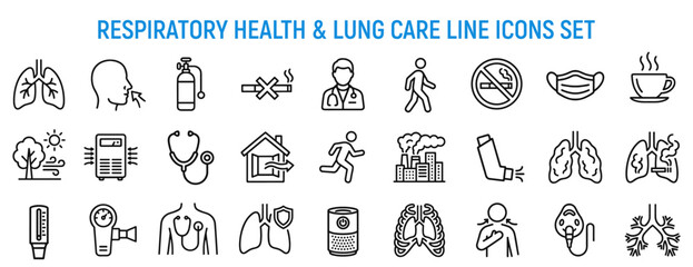 Fototapeta premium Respiratory health and lung care line icons set. Medical symbols for asthma, breathing, and pulmonology. Outline graphics of lungs, inhaler, and air pollution
