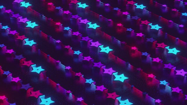 Futuristic abstract wall with glowing geometric stars. Seamless VJ loop of a rhythmic digital structure and pattern, creative motion background for electronic music festivals and stage displays.