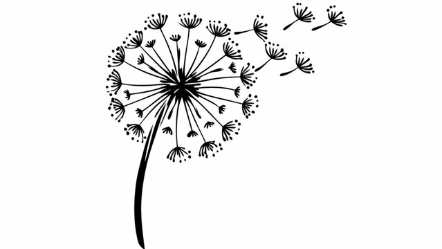 Single line drawing of a blowing dandelion flower with floating seeds, elegant minimalist botanical vector illustration for modern designs