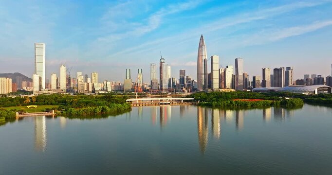 Panoramic view of Houhai financial district skyline and waterfront at Shenzhen Bay, China