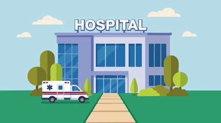 Hospital building with ambulance and pathway, flat vector illustration © IsoMatrix