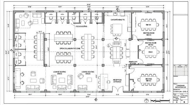 Architectural floor plan of a modern office space with various meeting and collaboration zones