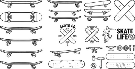 Skateboard and Street Culture Vector Icon Set with Longboards, Decks, Wheels, Trucks, and Crossed Skates for Apparel Brand and Logo Designs © Salina