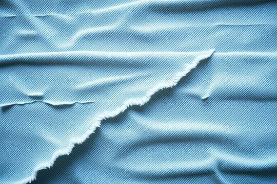 Blue denim texture shows ripped edge. Fabric folds create interesting light, shadow patterns. Closeup view highlights material details.