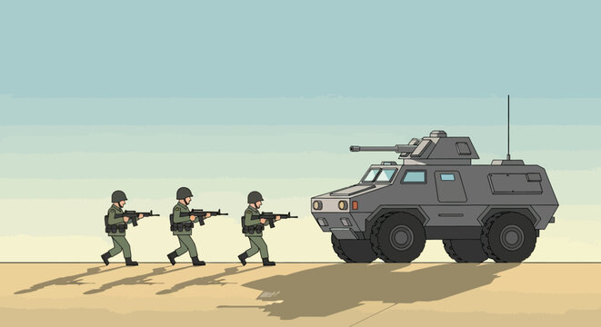Military Convoy Marching Through Desert Landscape