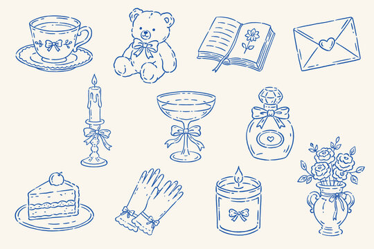 Coquette and vintage aesthetic blue line art vector element set. Girly balletcore illustrations of teacup, teddy bear, book, letter, candle, cake, and flowers.