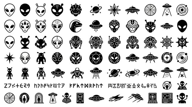 Alien faces and spacecraft icons, space exploration, black and white illustrations