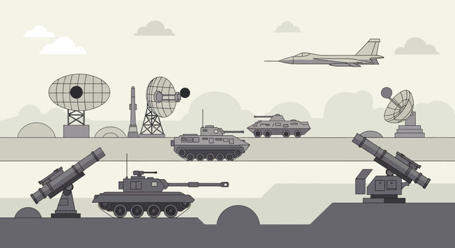 Military Equipment Illustration: Tanks, Airplanes and Radar Dishes