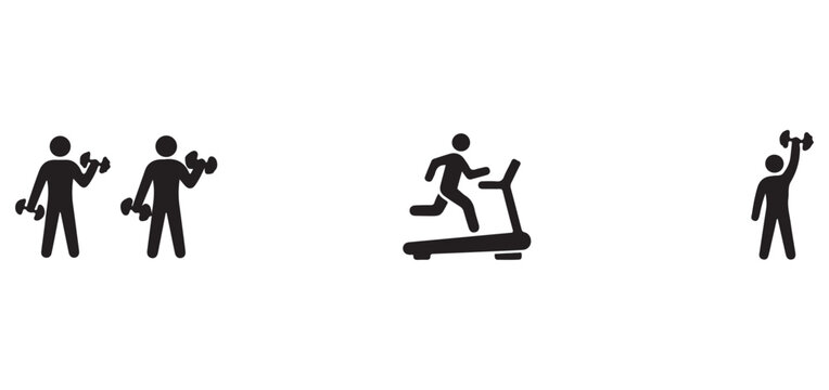 Stick figures exercising with dumbbells and running on treadmill fitness icons  people working out with weights and running on exercise machine
