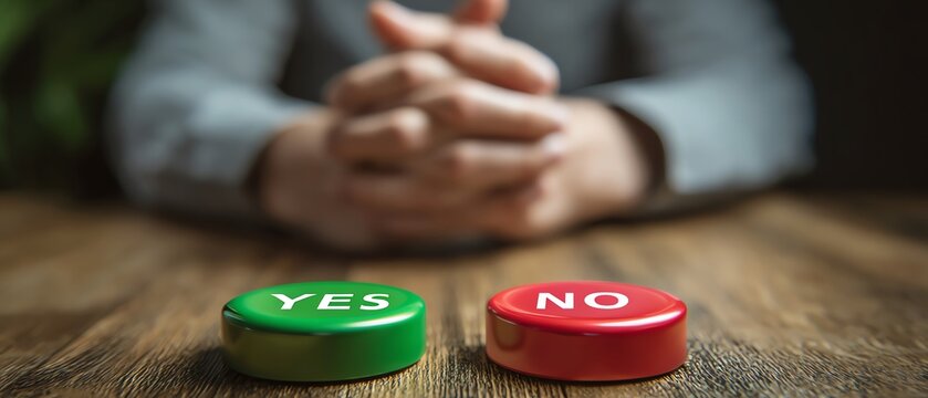 Decision-making buttons on a wooden table.