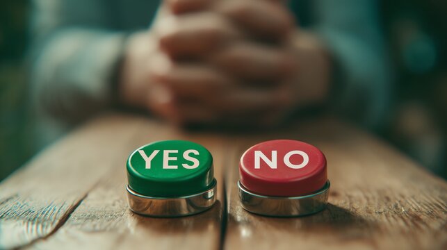 Decision-making buttons on wooden table.
