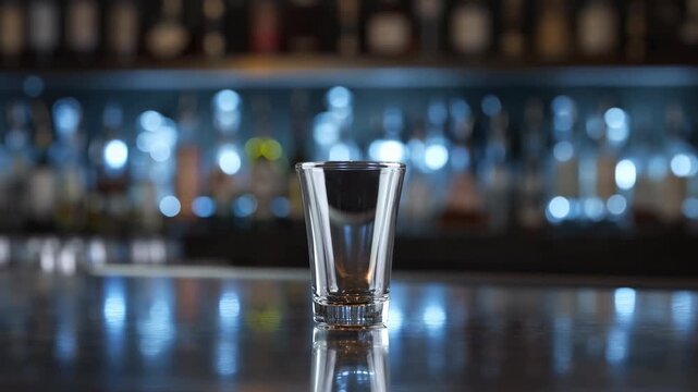 bar counter with bottles and glasses in a neutral, professional interior setting with blue and white tones and a static shot from a low angle looking up at the bar counter.