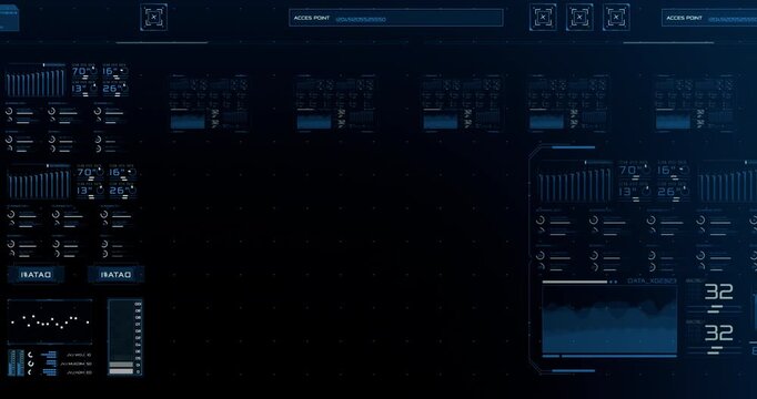 A glowing blue sci-fi HUD interface shows an access point, weather-style readouts, waveform graphs and data panels in a futuristic display.
