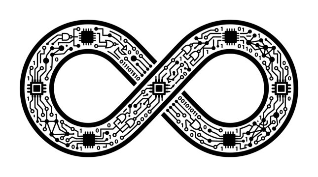 Digital Infinity Symbol with Circuit Board Pattern and Binary Code.