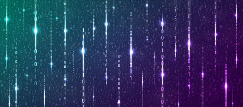 Binary rain cyan and purple cyber background. Matrix style futuristic high-tech backdrop. Technology computer numbers network pattern. Futuristic programming visualization texture. Vector illustration