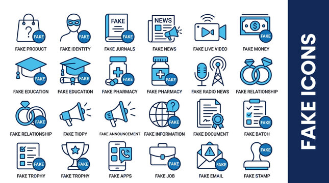 Blue flat icons set illustrating fake news, misinformation, information literacy, and media concepts for education, awareness, journalism, and digital communication.