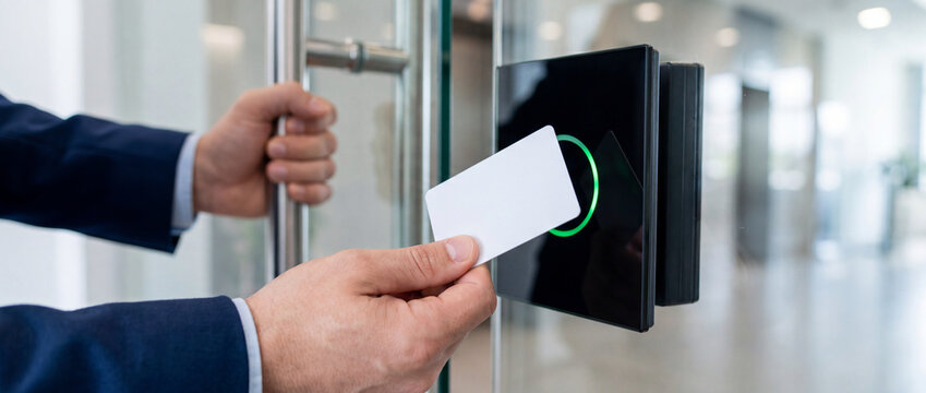 Access control system hand holding ID card Access control system with a hand holding an ID card to a scanner, security concept for office building entry and modern technology applications