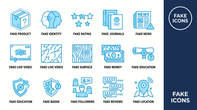 Blue outlined icon set featuring free labels and watermark mockup, clean vector pictograms for UI design and stock assets