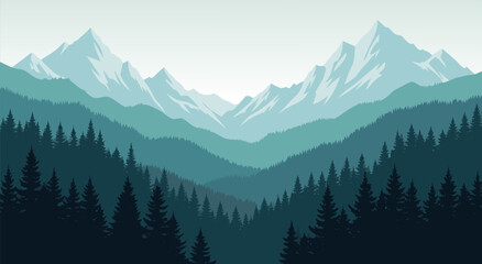 Fototapeta premium Breathtaking Mountain Landscape Vector Illustration Featuring Pine Forest Silhouettes for Modern Graphic Design Backgrounds 5