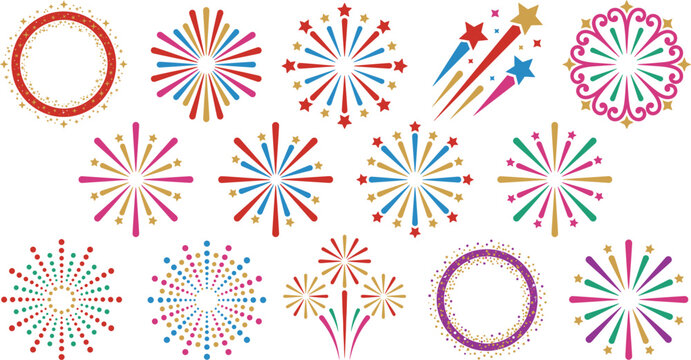 Colorful fireworks burst and star explosion elements vector set, for celebration holiday party background decoration