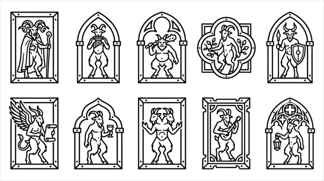 A professional vector asset sheet containing exactly 10 individual a gothic satyr carvings icons on a white background
