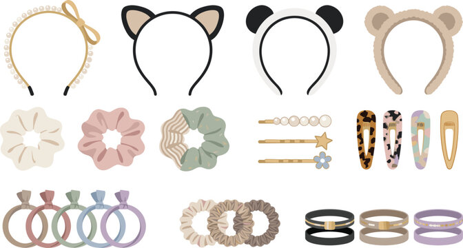 Cute animal headbands and hair accessories vector set, with scrunchies and clips for fashion stylingCute animal headbands and hair accessories vector set, with scrunchies and clips for fashion styling