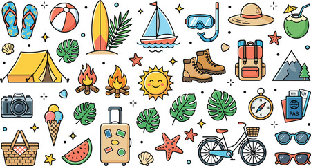 Summer vacation doodle vector icons set, colorful holiday travel elements with camping tent and sailboat © Akramul