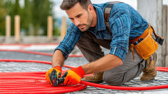 Young adult Caucasian plumber installing red underfloor heating pipes on a wire mesh grid at a construction site