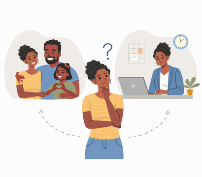 Woman Choosing Between Career and Family. Work Life Balance Decision Concept. Vector flat illustration