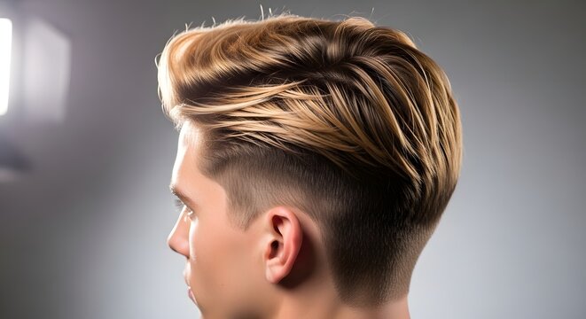 Side profile of a young man sporting a stylish modern hairstyle with blonde highlights and a clean fade