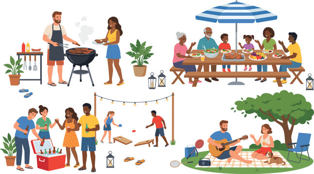 Summer backyard barbecue picnic vector character set, family garden party people eating and grilling food