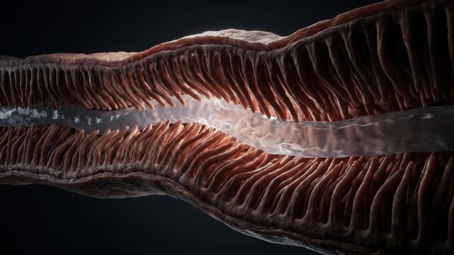 腸内腔の絨毛が流体パルスによって同調して動くマクロ構造の3Dアニメーション