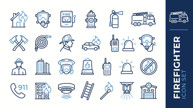 Firefighting icons vector set featuring firefighter helmet, hose, ladder, fire truck, hydrant, extinguisher, alarm and rescue equipment