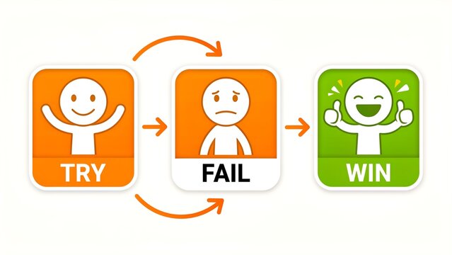 Try fail win success process with motivation and improvement illustration