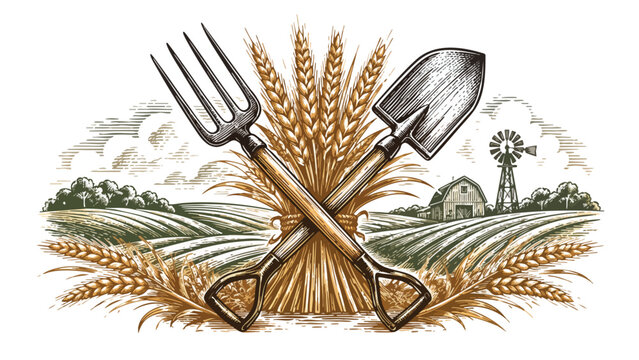 Vintage americana illustration of farm tools and wheat on 4th of july day in usa