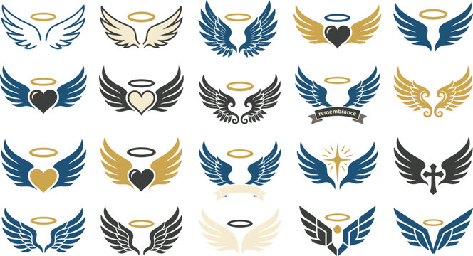 Angel wings with halo and heart vector icons set, remembrance memorial logo badges collection template