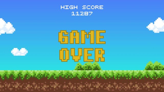 Animated game over text with pixel background retro 8-bit with high score small text. landscape pixel background. 4k video