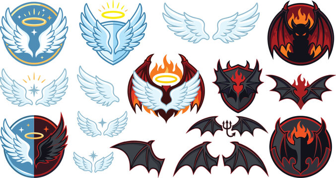 Angel and devil wings vector badges set, corporate gaming crest collection with feathers and fireAngel and devil wings vector badges set, corporate gaming crest collection with feathers and fire