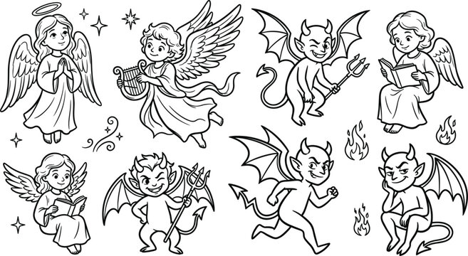 Cute cartoon angel and devil vector character set, outline coloring page for kids book designCute cartoon angel and devil vector character set, outline coloring page for kids book design