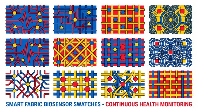 Smart Fabric Biosensor Swatches, Continuous Health Monitoring, Wearable Technology Textile Patterns, Digital Healthcare Innovation