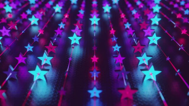 Futuristic abstract wall with glowing geometric stars. Seamless VJ loop of a rhythmic digital structure and pattern, creative motion background for electronic music festivals and stage displays.