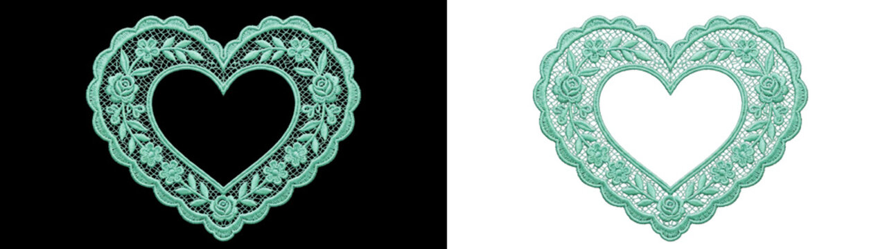 Mint green lace heart frame, decorative floral leaves design on png background, elegant motif