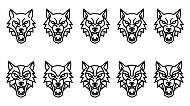 A professional vector asset sheet containing exactly 10 individual a gothic wolf head grotesques icons on a white background