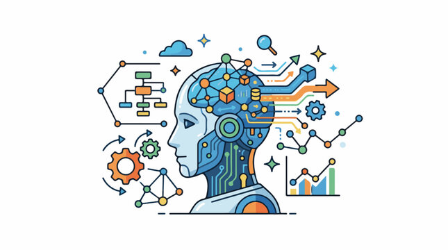 AI head with data charts and gears abstract concept