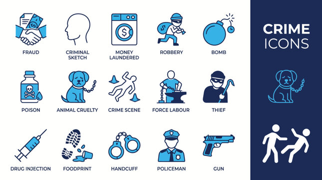 Blue crime icons set for forensics and investigation - police, fingerprints, poison, crime scene, lab symbols, and crime analysis in vector line art
