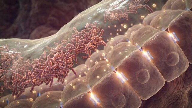 腸内細菌が集合してコロニーを形成し腸管バリア機能を強化するミクロCGアニメーション