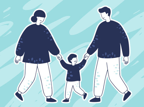 手をつなぎ笑顔で歩く親子 子育てをする家族のゆるポップイラスト