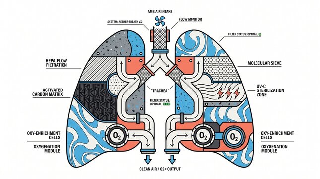 Air purification system illustration, human lungs diagram with advanced filtration technology, clean air output, and oxygen enrichment cells, a detailed scientific infographic for environmental